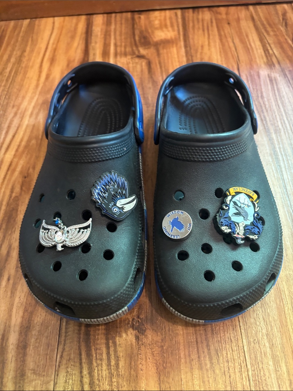 CROCS Kids Black Foam Clogs with Blue Trim and Decorative Charms